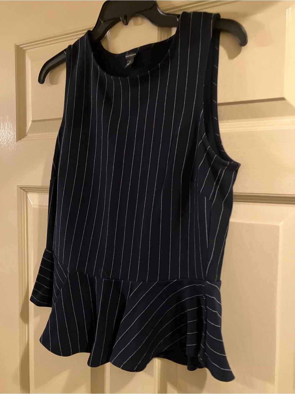 Ann Taylor Navy White Pinstripe Peplum Tank